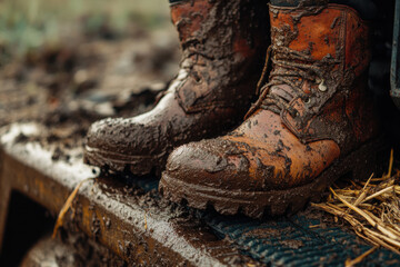 Fototapeta premium Mud-covered boots resting on a weathered wooden surface in a lush countryside setting after a day of hard work
