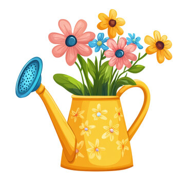 Cute watering can with flower watercolor PNG clipart isolated on white background.