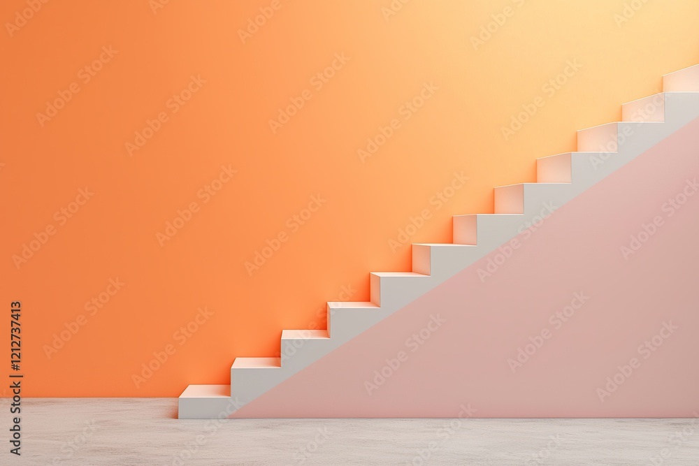 Poster a minimalist staircase with a gradient wall transitioning from orange to pink, creating a modern and