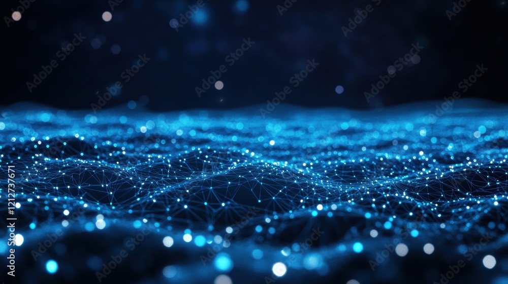 Poster dark background with blue lights and network of connected lines for abstract technology concept