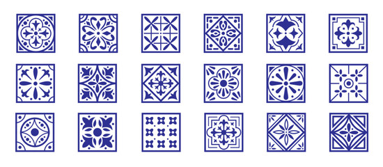 Set of  italian tiles background in blue. Mosaic pattern for ceramic. Decoration geometric elements