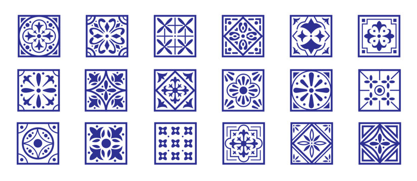 Set of  italian tiles background in blue. Mosaic pattern for ceramic. Decoration geometric elements