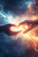 A pair of hands are reaching out to each other in a space filled with stars