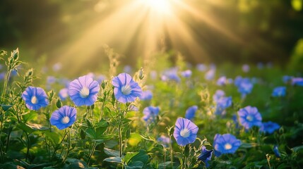 Morning Glory Flowers Blooming in Sunlit Field with Rays of Light and Vibrant Colors