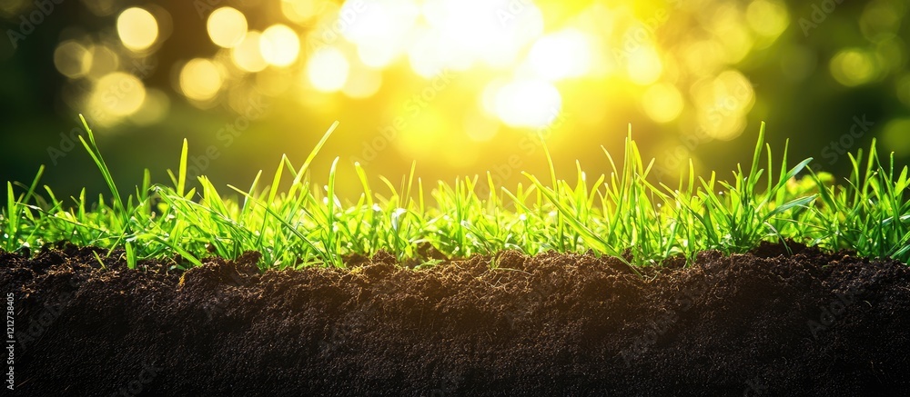 Poster lush green grass on rich dark soil illuminated by soft golden sunlight creating an inviting natural 