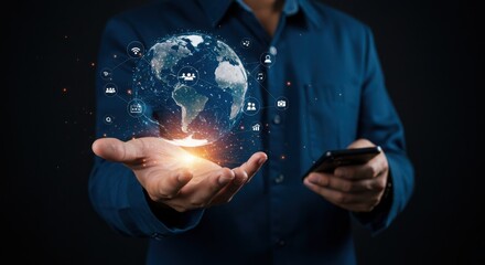 Global network, holographic Earth sphere, businessman's hand, floating icons, digital connectivity, futuristic technology, blue suit, smartphone, dark background
