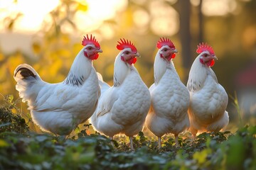 Fototapeta premium A group of four white chickens walking together in a tranquil outdoor setting under natural light.