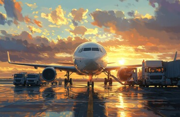 Fototapeta premium Airplane at Airport Terminal with Sunset Sky Reflections on Tarmac, Highlighting Transportation Hub and Aviation Industry in Vibrant Colors and Dramatic Lighting