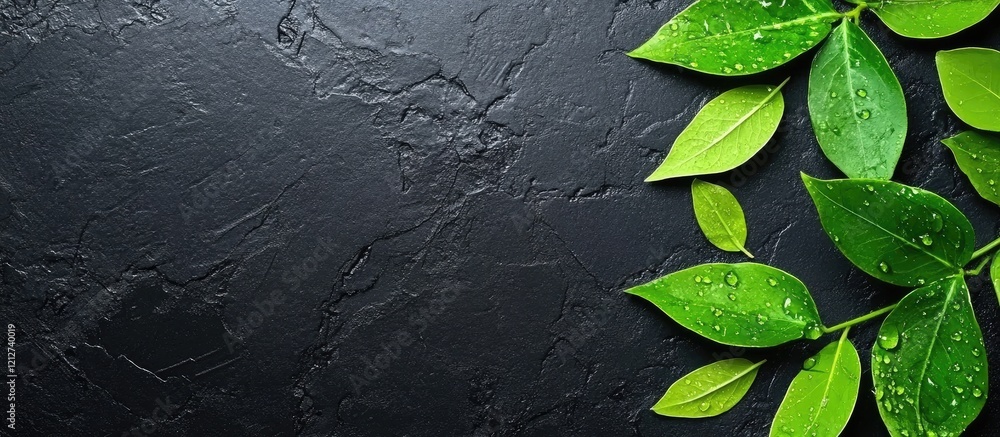 Poster vibrant green leaves with water droplets on a textured black background ideal for adding personalize