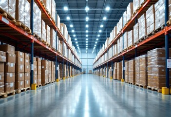 Fototapeta premium Modern warehouse interior with tall shelving units and stacked cardboard boxes. Large-scale storage facility for logistics and distribution. Industrial storage space.