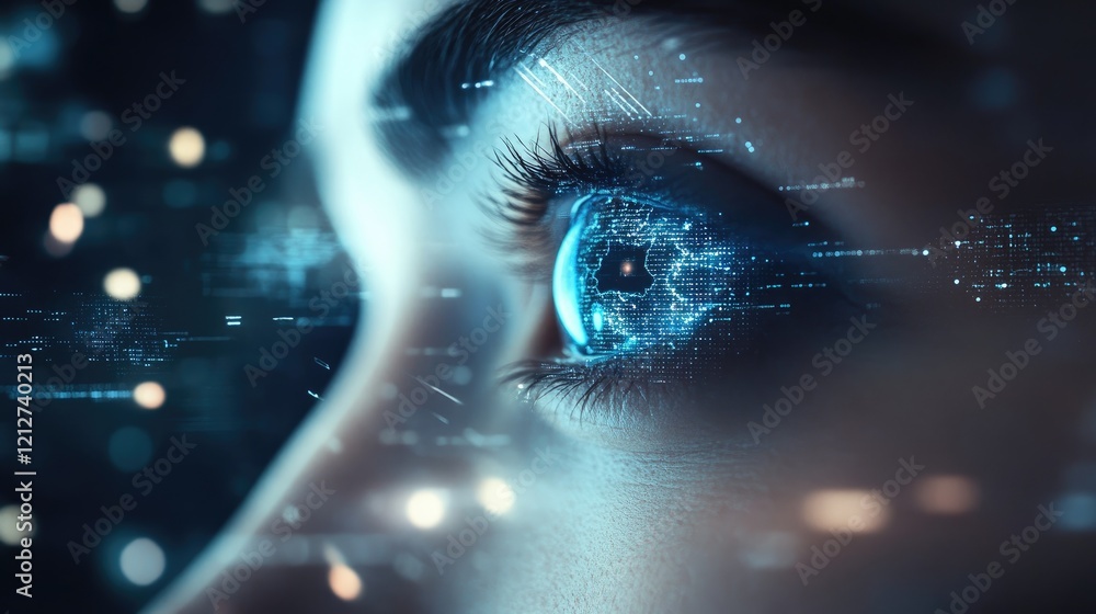 Poster evolving search engine landscape with ai insights reflected in a futuristic human eye representing t