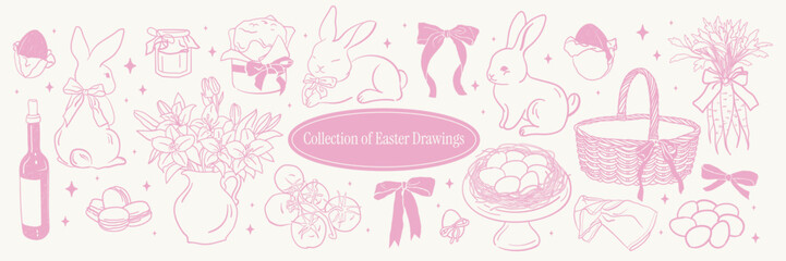 Cute bunnies, Easter basket, carrots, chocolate eggs. Hand drawn doodle line illustrations for poster, invitation, decor. Village spring style. Easter Drawing Collection.	