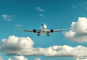 Obraz premium Airplane Landing Version with Cloudy Sky Background Shows the Modern Aircraft Approaching the Ground Under Clear Blue Sky with Fluffy Cloud Formation in the Horizon