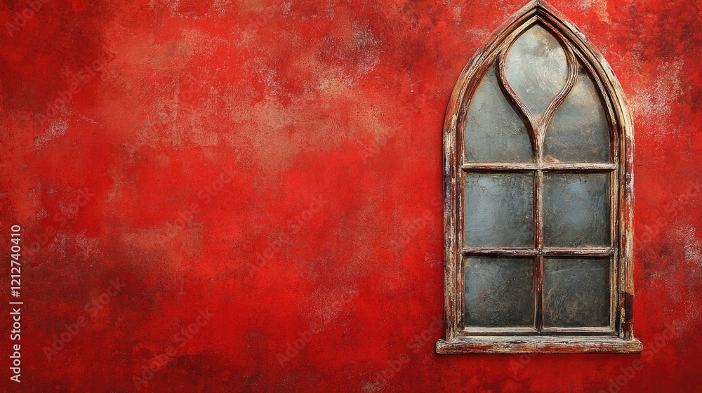 Poster vintage arched window frame on a textured red cement wall creating a striking contrast in a classic 