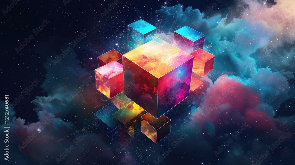 Poster abstract chaotic and energetic of mixed digital style cube object, burst of colorful light pattern i