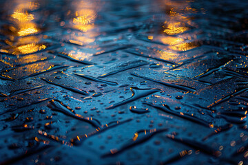 Obraz premium Bokeh effect of blurred city lights reflecting off wet pavement on a rainy evening