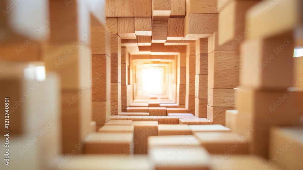 Poster abstract perspective through wooden building blocks with illuminated center design