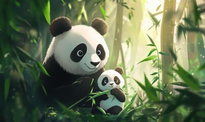 Fototapeta premium portrait of adorable baby panda with her mother eating bamboo in forest.