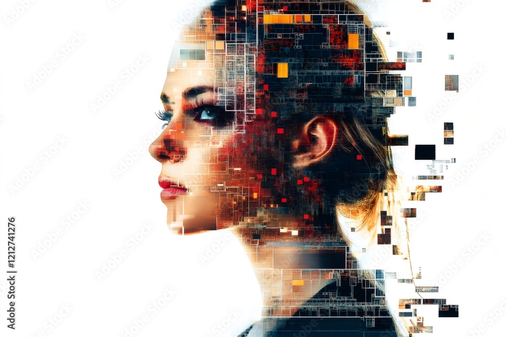 Poster profile of a woman merging with a technological pattern, symbolizing artificial intelligence and the
