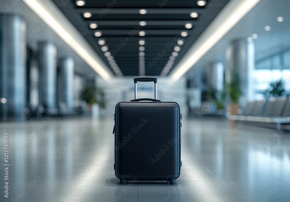 Poster black carry-on suitcase standing alone in an empty airport terminal with modern architecture and sof