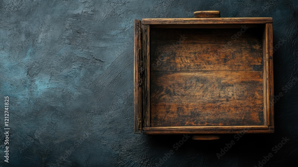 Poster empty vintage wooden box on dark textured background with ample copy space for creative design or me