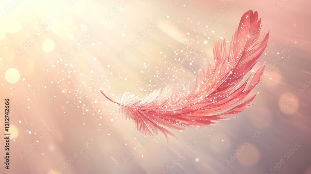 Poster soft pink feather floating gently in sunlight, surrounded by shimmering particles creating a dreamy 