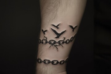 Birds soaring away from a broken chain tattoo, symbolizing freedom and the strength to overcome obstacles in lifes journey