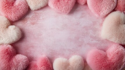 Festive Heart Border Celebration, Romantic Setting, Plush Hearts Arrangement, Soft Gradient Background, Playful View, Love Concept