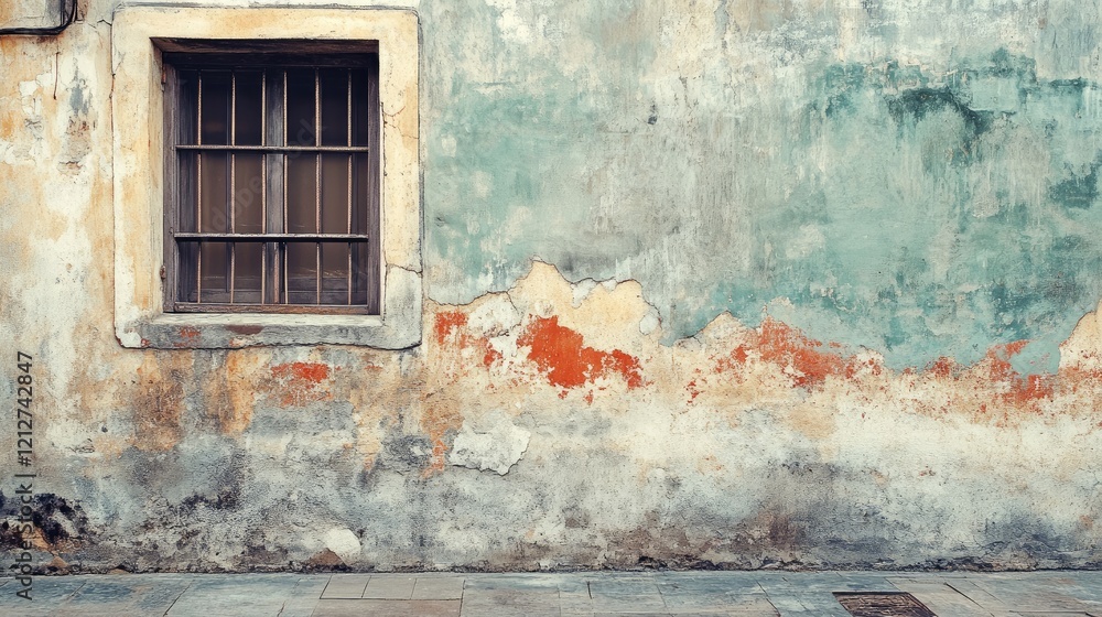 Poster weathered vintage wall with peeling paint and barred window creating a rustic backdrop for artistic 