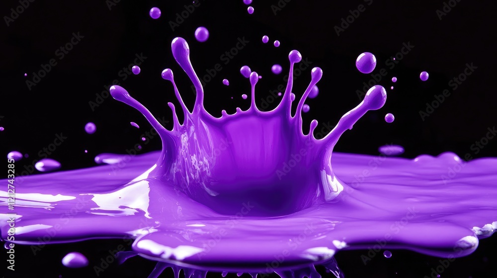 Poster vibrant violet paint splash creating dynamic shapes on a black background emphasizing creativity and