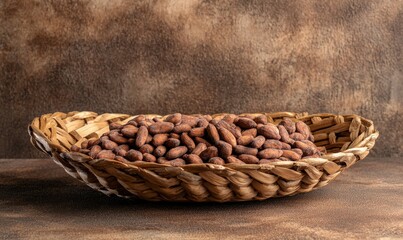 Obraz premium Roasted cocoa beans in a woven basket, ingredient, container
