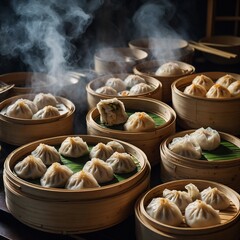 A tray of steaming dim sum in bamboo baskets, showcasing dumplings and buns.