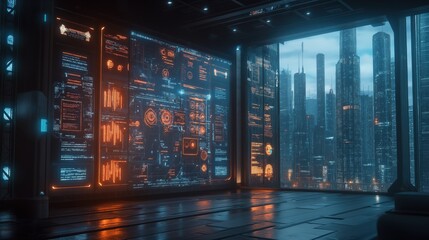 A futuristic cityscape with a large monitor displaying a computer screen