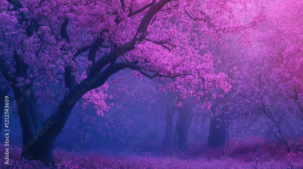 Poster serene violet-hued spring trees in a tranquil forest setting with mist creating a dreamy atmosphere 