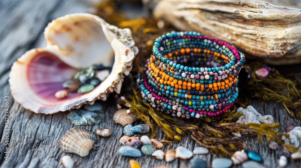 Poster vibrant multicolored beaded bracelets arranged on rustic wooden surface with seaweed and open shell 