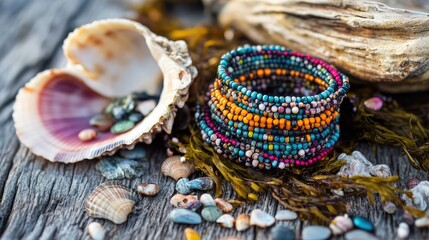 Vibrant multicolored beaded bracelets arranged on rustic wooden surface with seaweed and open shell accentuating traditional bead crafting methods