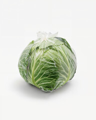 Fototapeta premium Fresh green cabbage wrapped in plastic on a white background for food preparation and cooking
