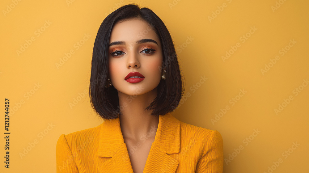 Wall mural young indian beautiful woman standing on yellow background