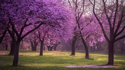 Naklejka premium Vibrant blooming trees in spring showcasing stunning violet blossoms in a serene natural landscape