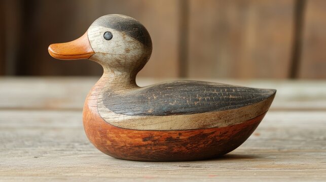 Classic handcrafted wooden duck decoy with natural finish displayed on rustic wooden surface. Perfect for home decor or vintage collections.