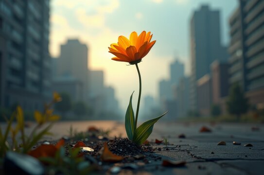 A resilient flower blooms in a concrete jungle, symbolizing hope and renewal amidst urban decay