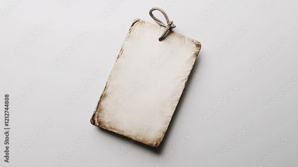 Poster blank vintage paper tag hanging with string on white background