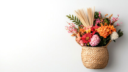 A vibrant bouquet of colorful flowers arranged in a woven basket, adding a natural touch to a minimalistic wall.