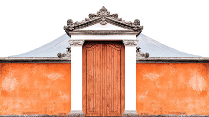 Fototapeta premium A traditional ornate door set against an orange wall, showcasing intricate architectural details with a minimalist background.