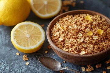 A bowl of granola is placed next to halved lemons on a textured surface