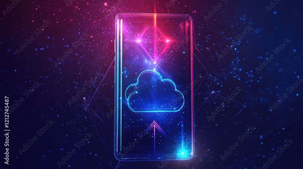 Poster smartphone displaying a cloud icon on the screen representing weather or technology concept
