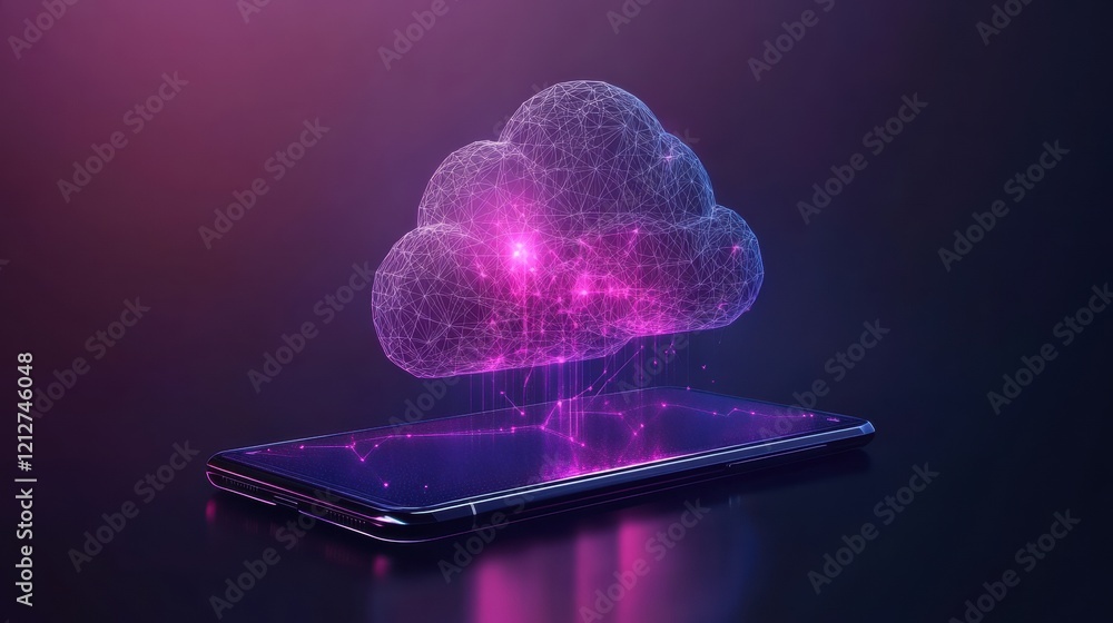 Poster smartphone placed on a surface with a fluffy white cloud on top creating a surreal concept of techno