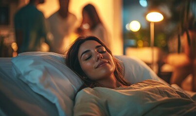 serene woman rests comfortably in hospital bed, surrounded by supportive figures in background. warm lighting creates peaceful atmosphere, highlighting moment of care and connection