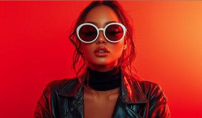 A young woman with caramel skin wearing oversized white sunglasses and a black leather jacket against a vibrant orange-red background