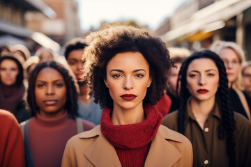 Obraz premium AI generated image of young woman on a social protest with diverse crowd march day